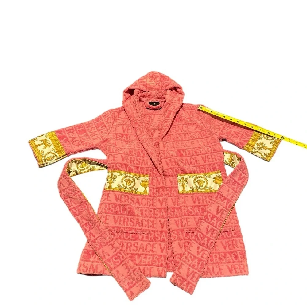 Versace Kids Coral Hooded Pajama Robe with Gold Baroque Trim, pre-owned